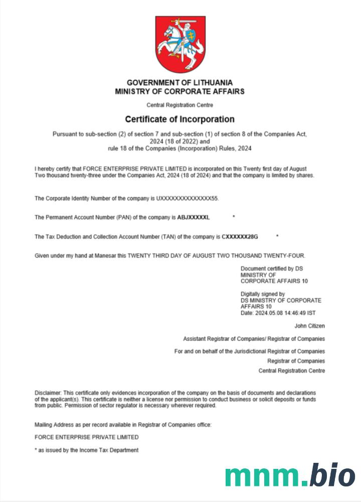 Litwa świadectwo rejestracji firmy Word i PDF szablon